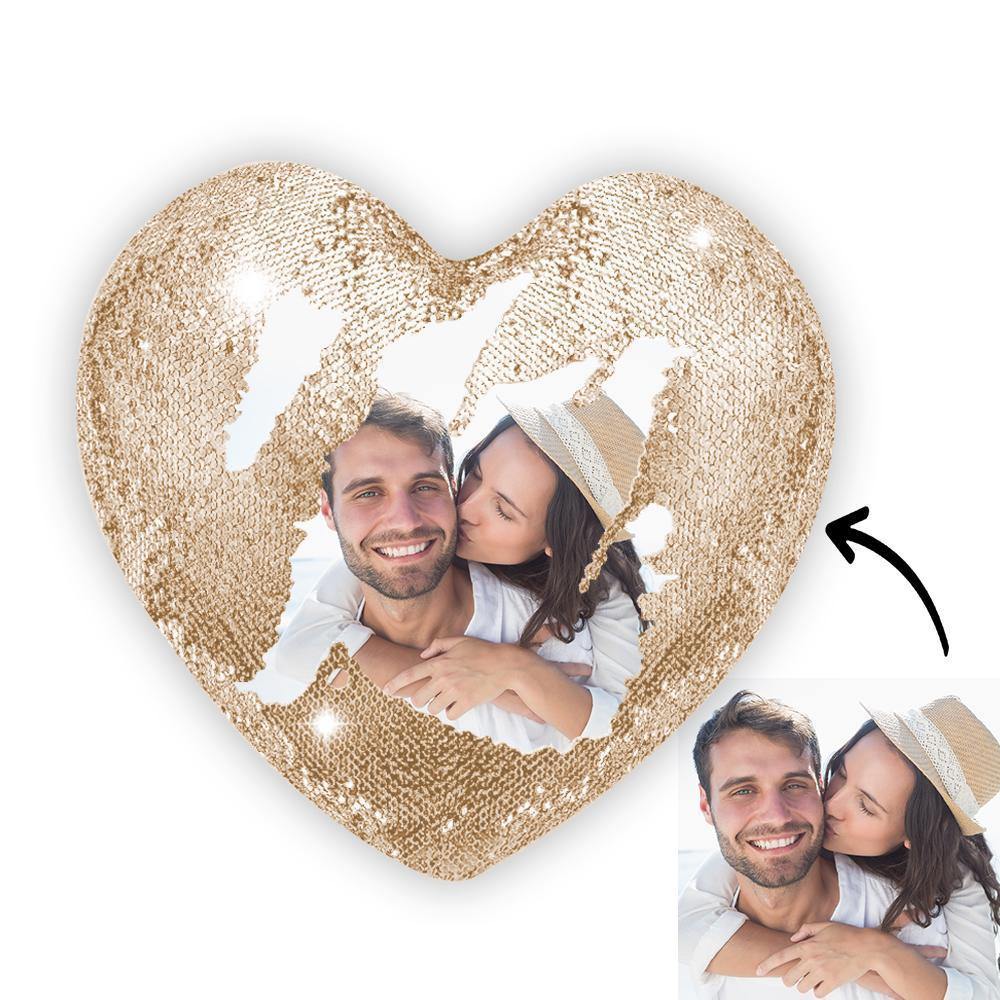 Custom Photo Magic Heart Sequins Pillow Champagne