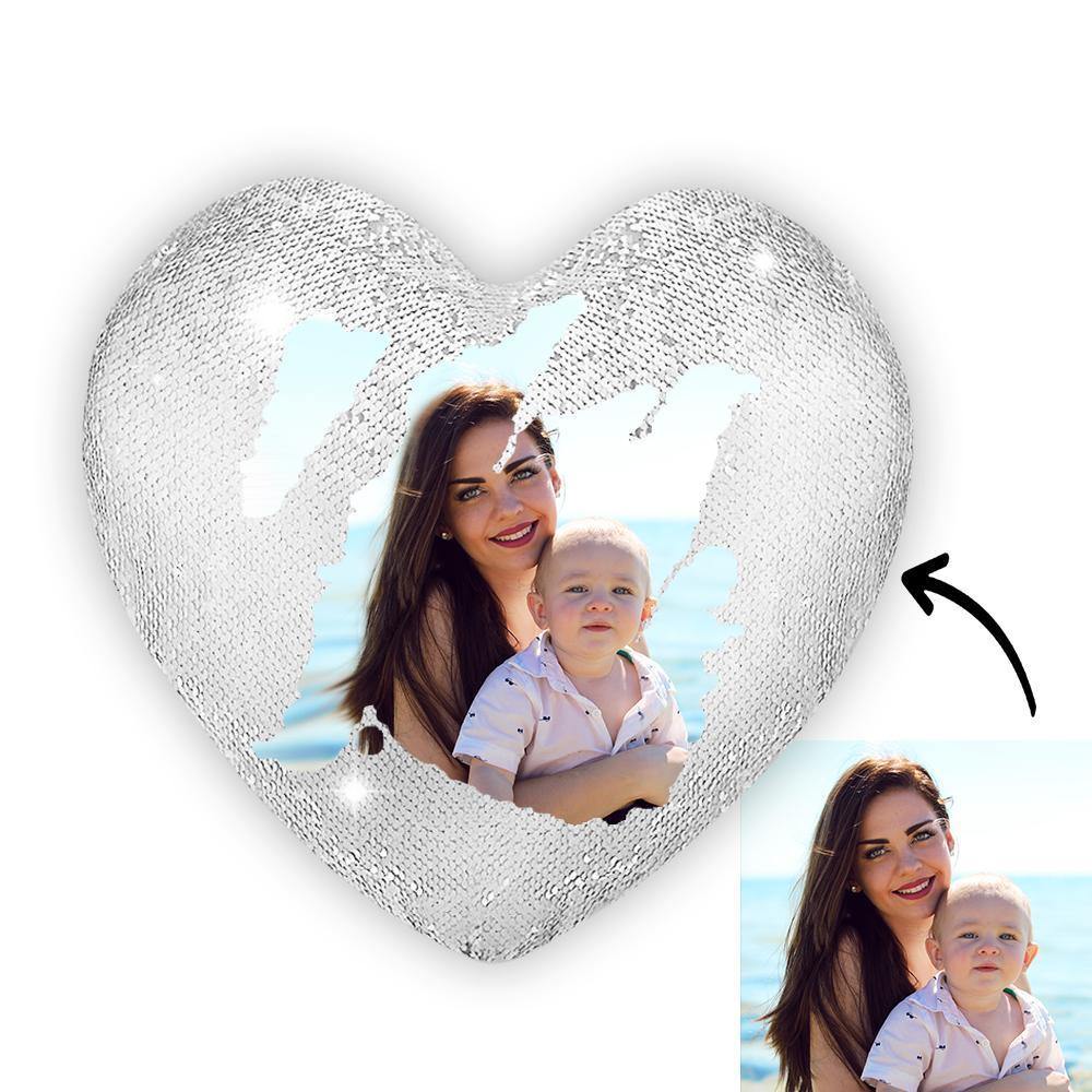 Custom Photo Magic Heart Sequins Pillow White