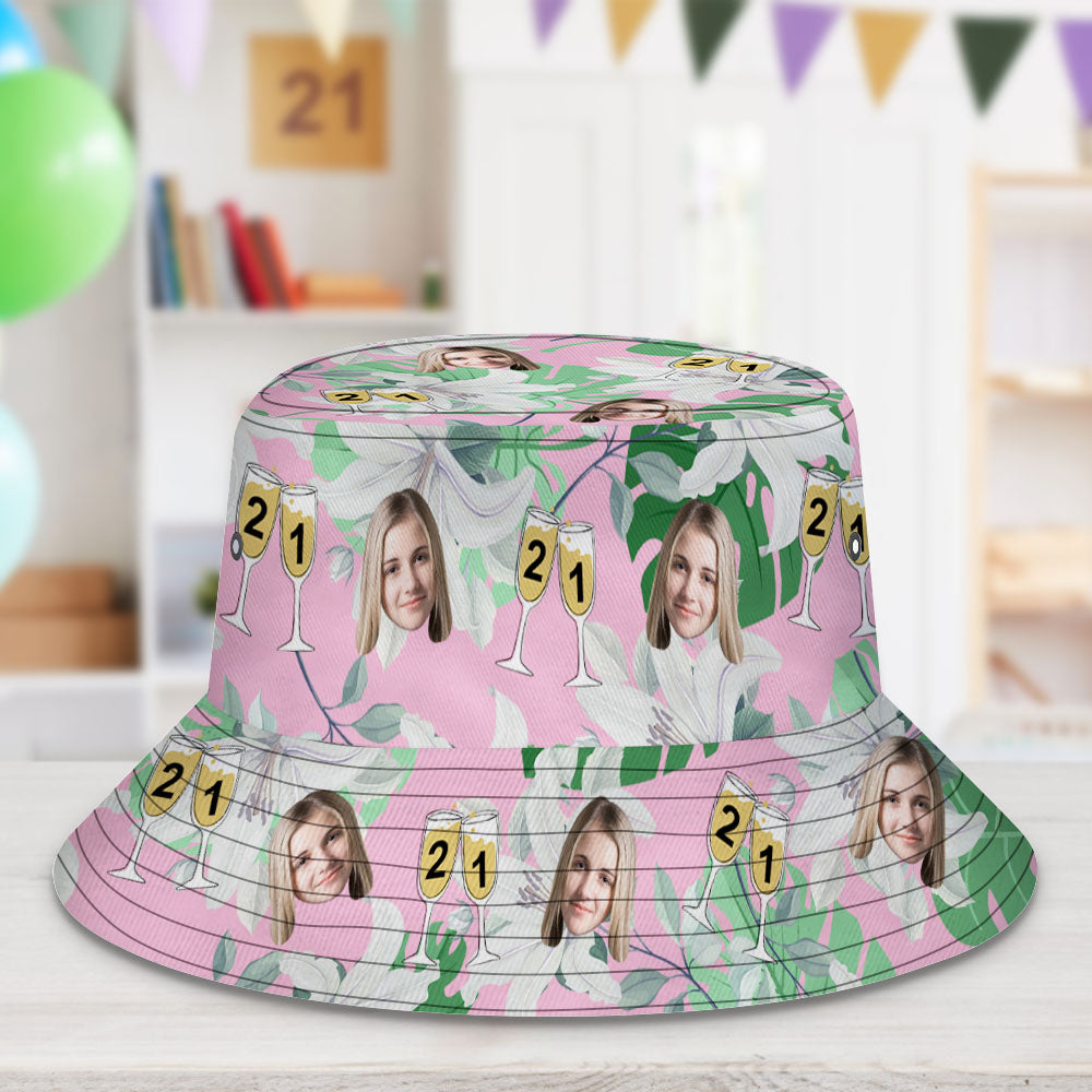Custom Face Bucket Hat Number in Wine Glass Pink And Green Sleeves Face Bucket Hat Gift for Him
