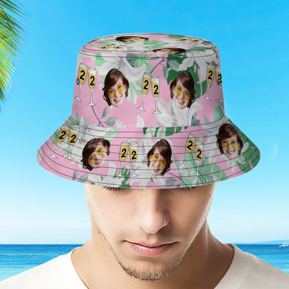 Custom Face Bucket Hat Number in Wine Glass Pink And Green Sleeves Face Bucket Hat Gift for Him