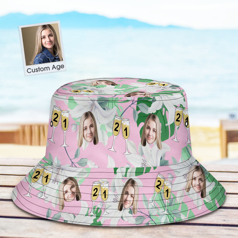 Custom Face Bucket Hat Number in Wine Glass Pink And Green Sleeves Face Bucket Hat Gift for Him