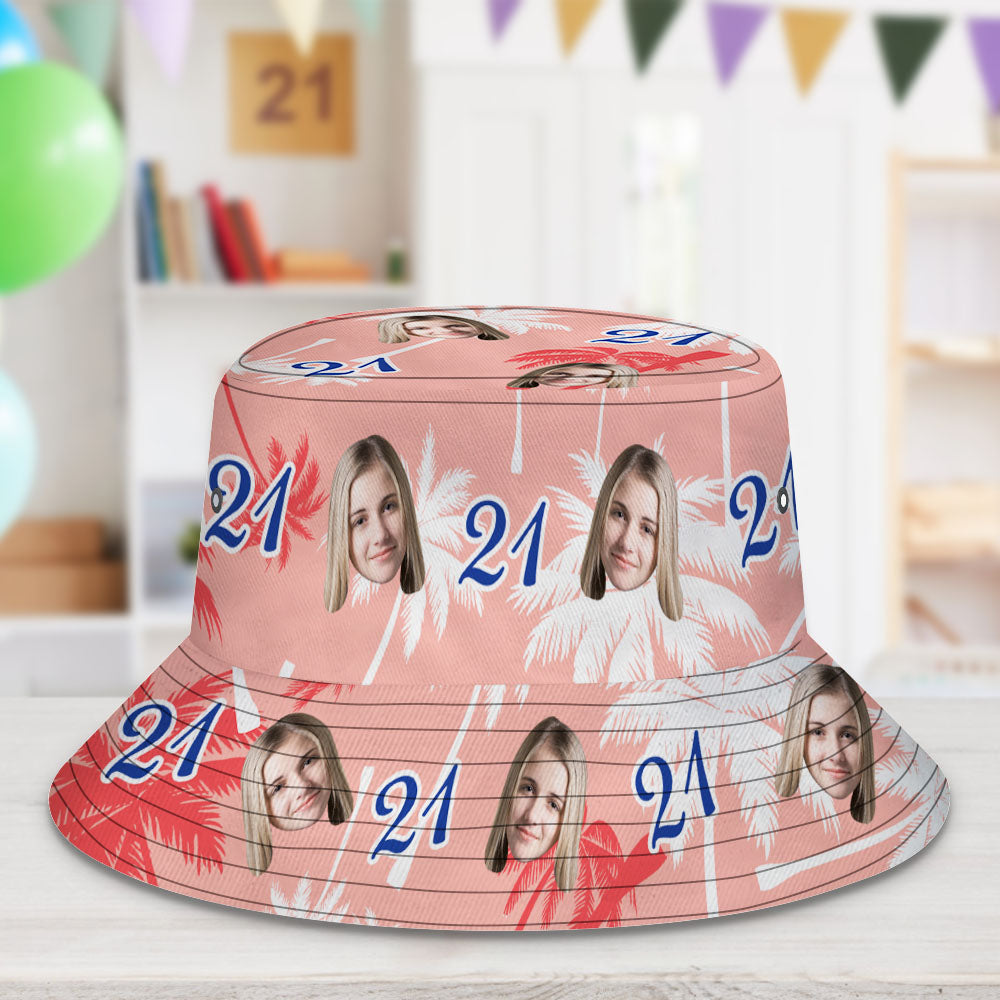Custom Face And Number Birthday Bucket Hat Red And White Coconut Tree Hat