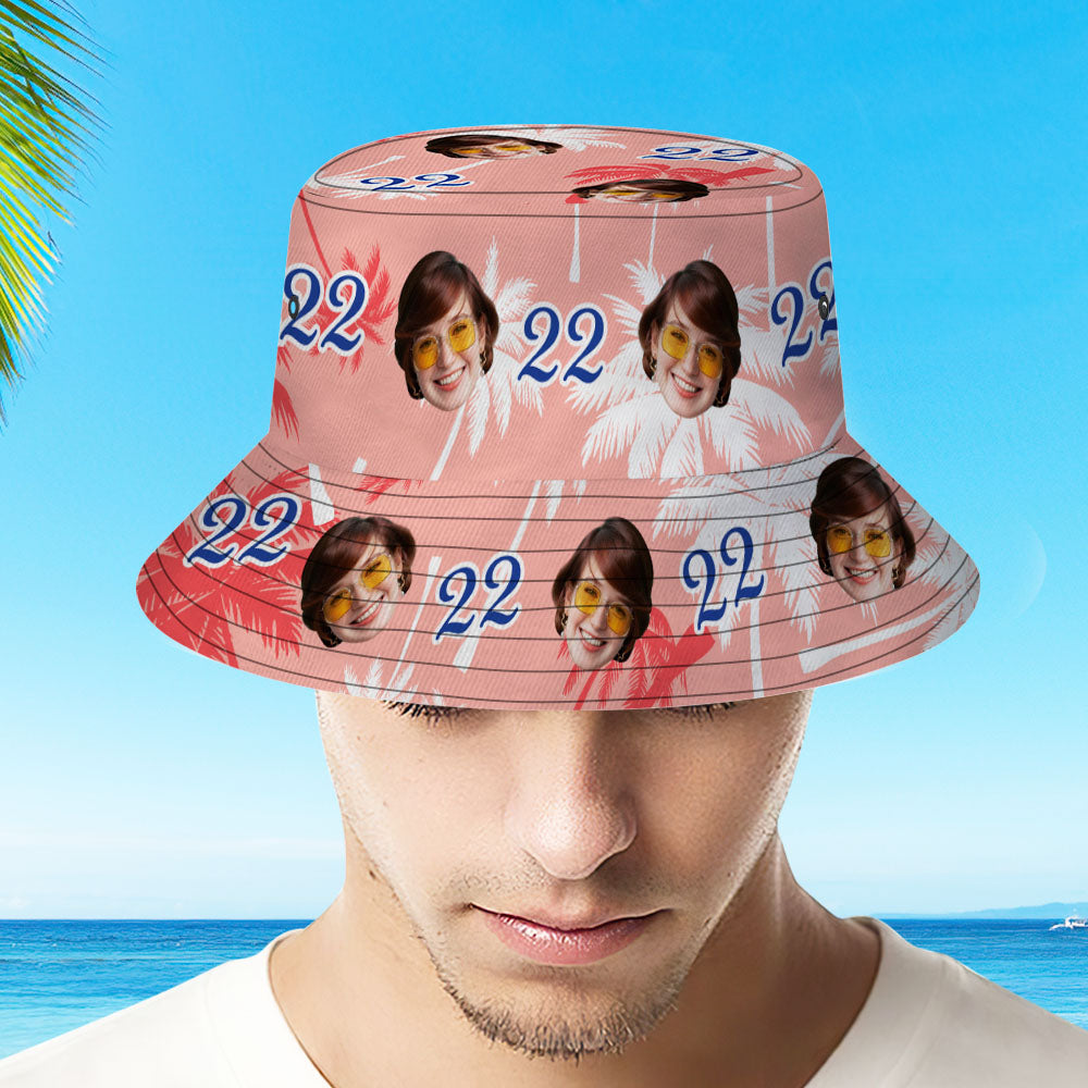 Custom Face And Number Birthday Bucket Hat Red And White Coconut Tree Hat