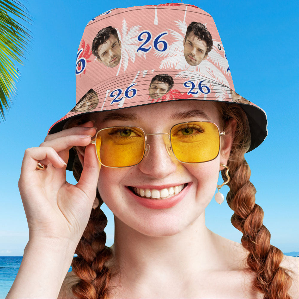 Custom Face And Number Birthday Bucket Hat Red And White Coconut Tree Hat