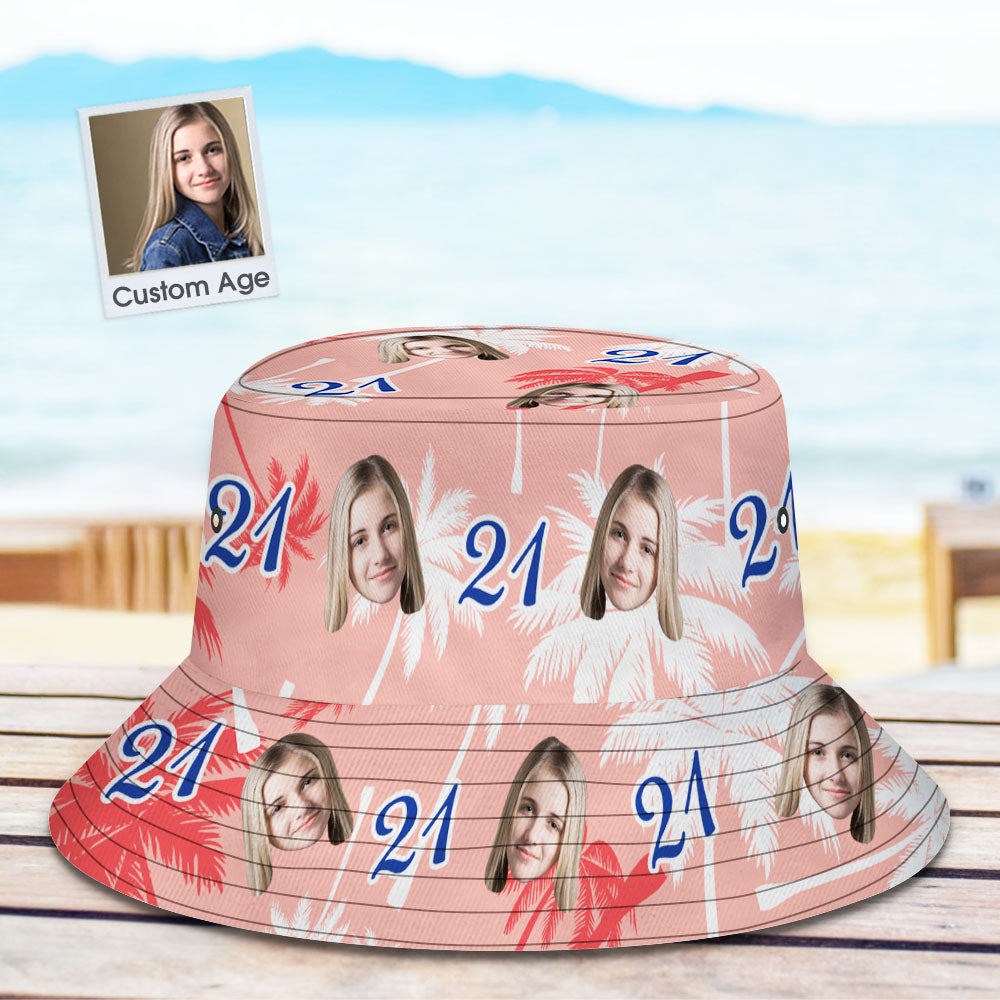 Custom Face And Number Birthday Bucket Hat Red And White Coconut Tree Hat