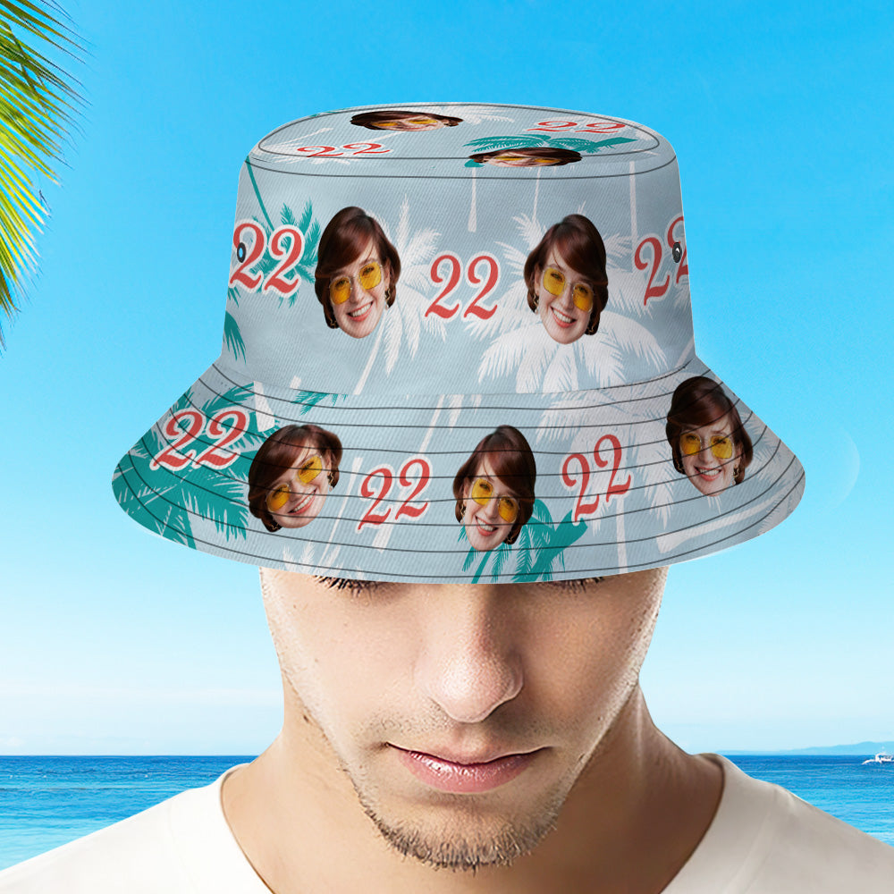 Custom Face And Number Birthday Bucket Hat Red And White Coconut Tree Hat