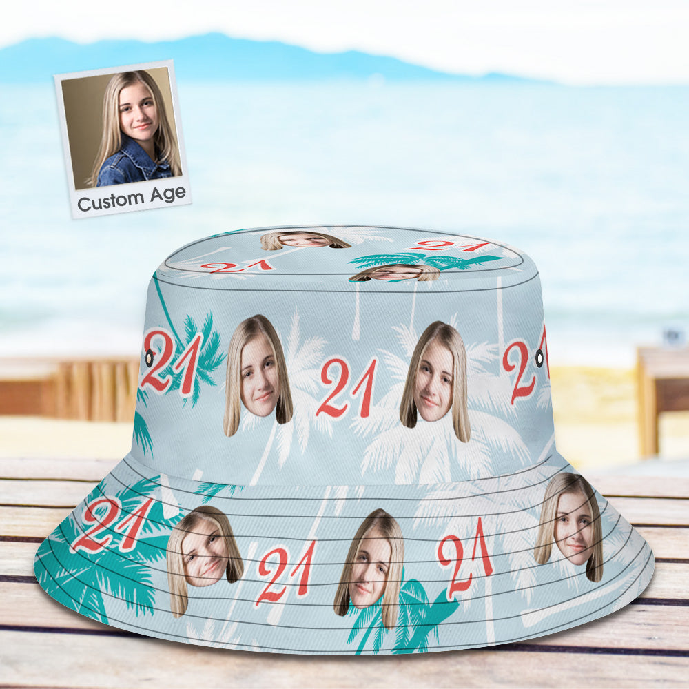 Custom Face And Number Birthday Bucket Hat Red And White Coconut Tree Hat