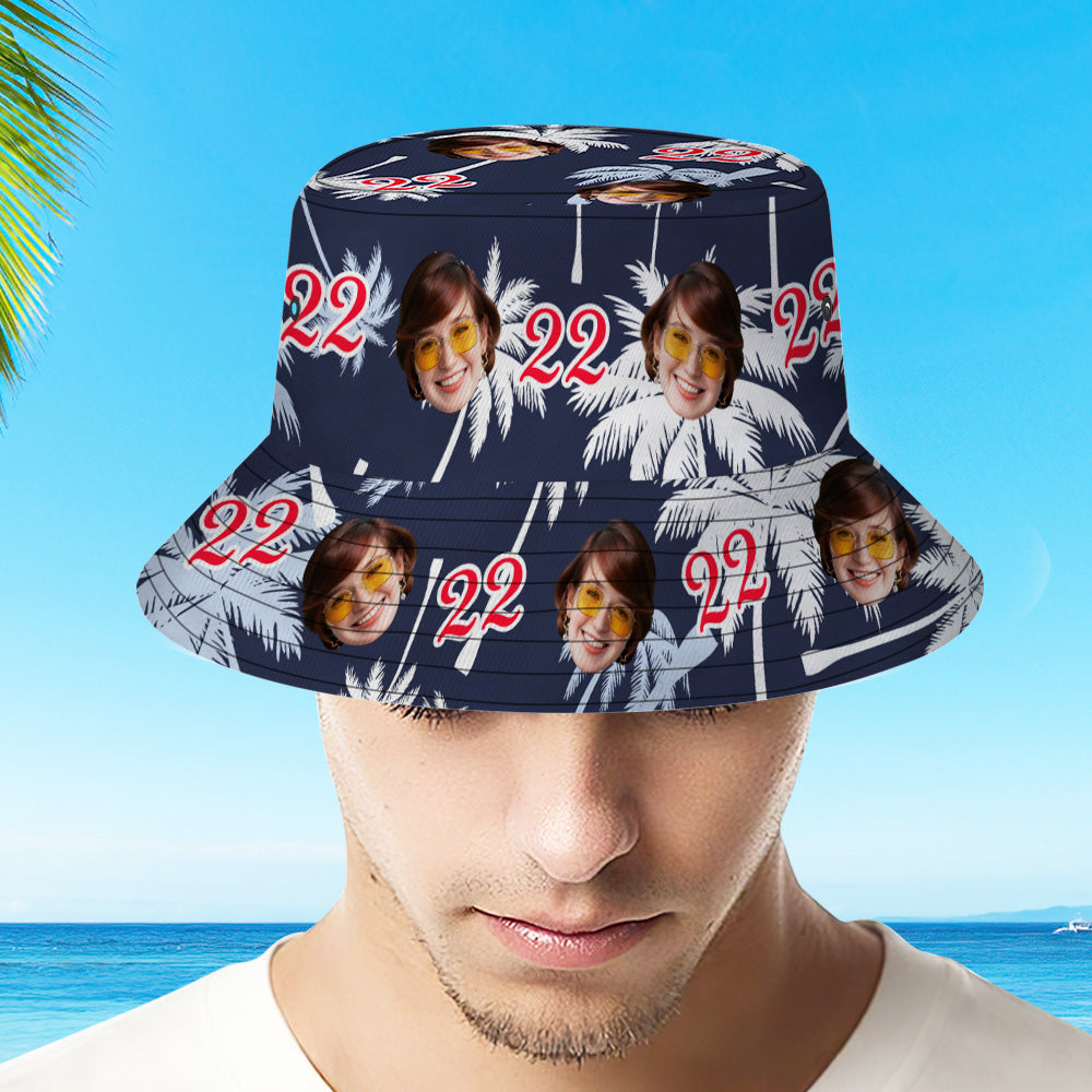 Custom Face And Number Birthday Bucket Hat Red And White Coconut Tree Hat