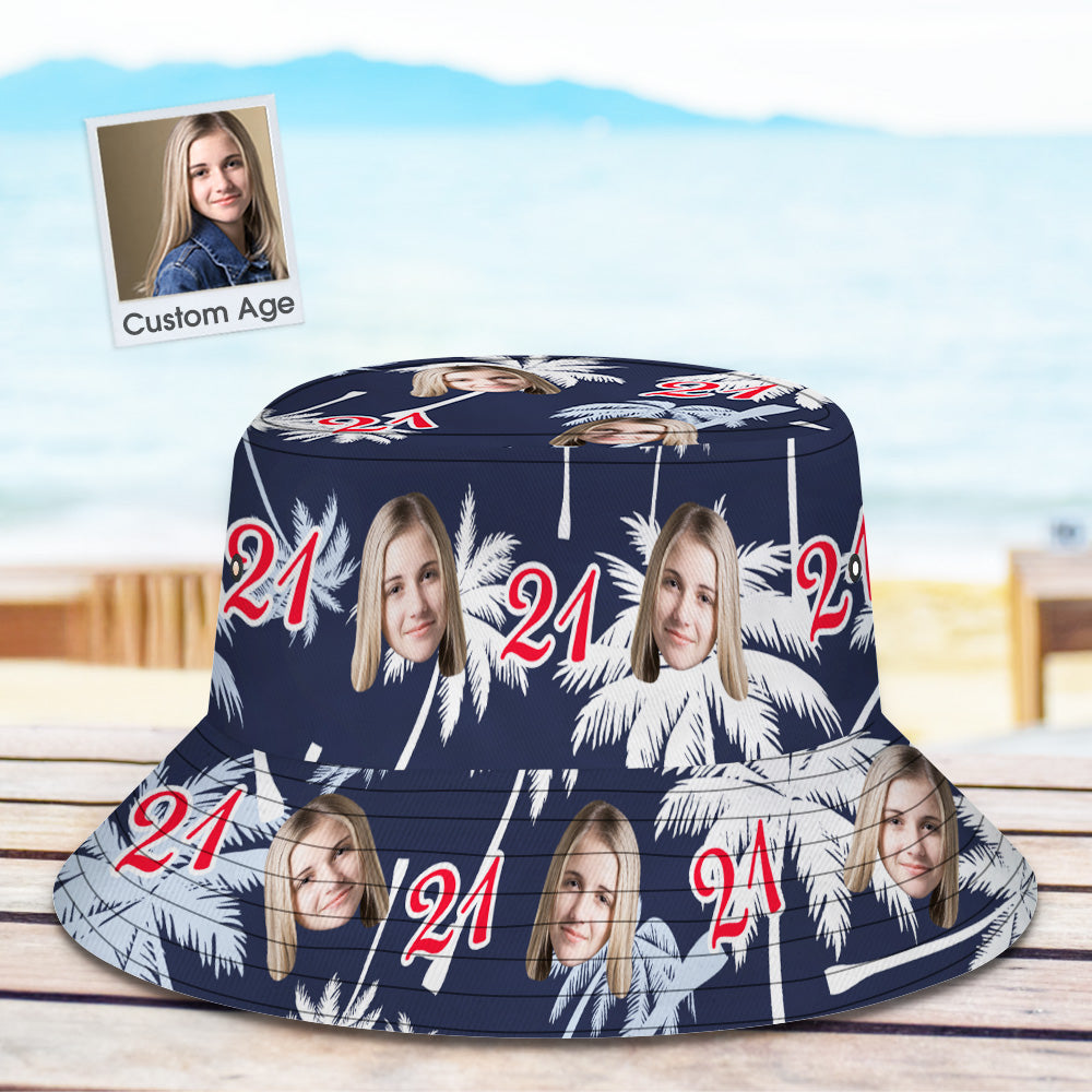 Custom Face And Number Birthday Bucket Hat Red And White Coconut Tree Hat