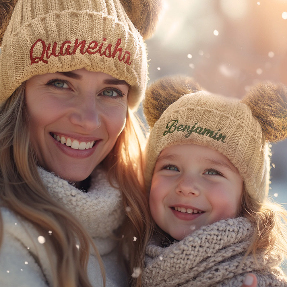 Personalized Mom and Baby Warm Beanie Hats Cotton Knitted Parent-Child Hat with Embroidered Names