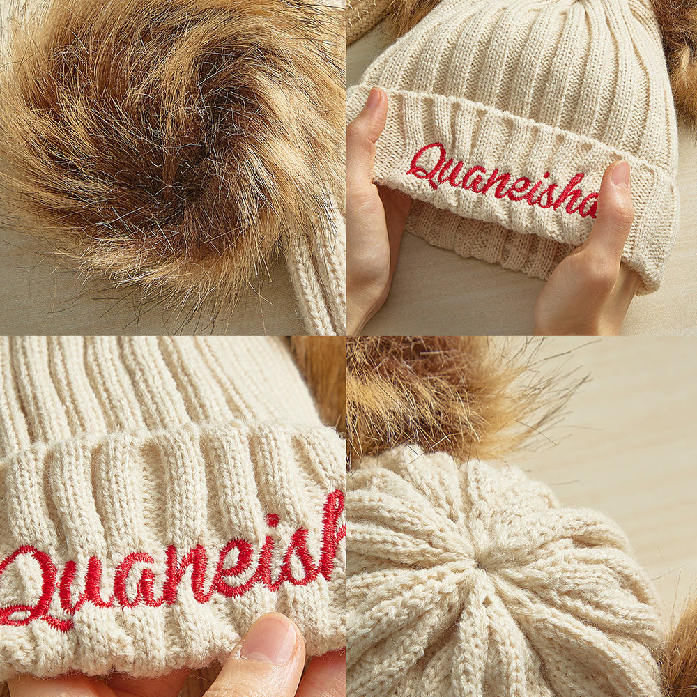 Personalized Mom and Baby Warm Beanie Hats Cotton Knitted Parent-Child Hat with Embroidered Names