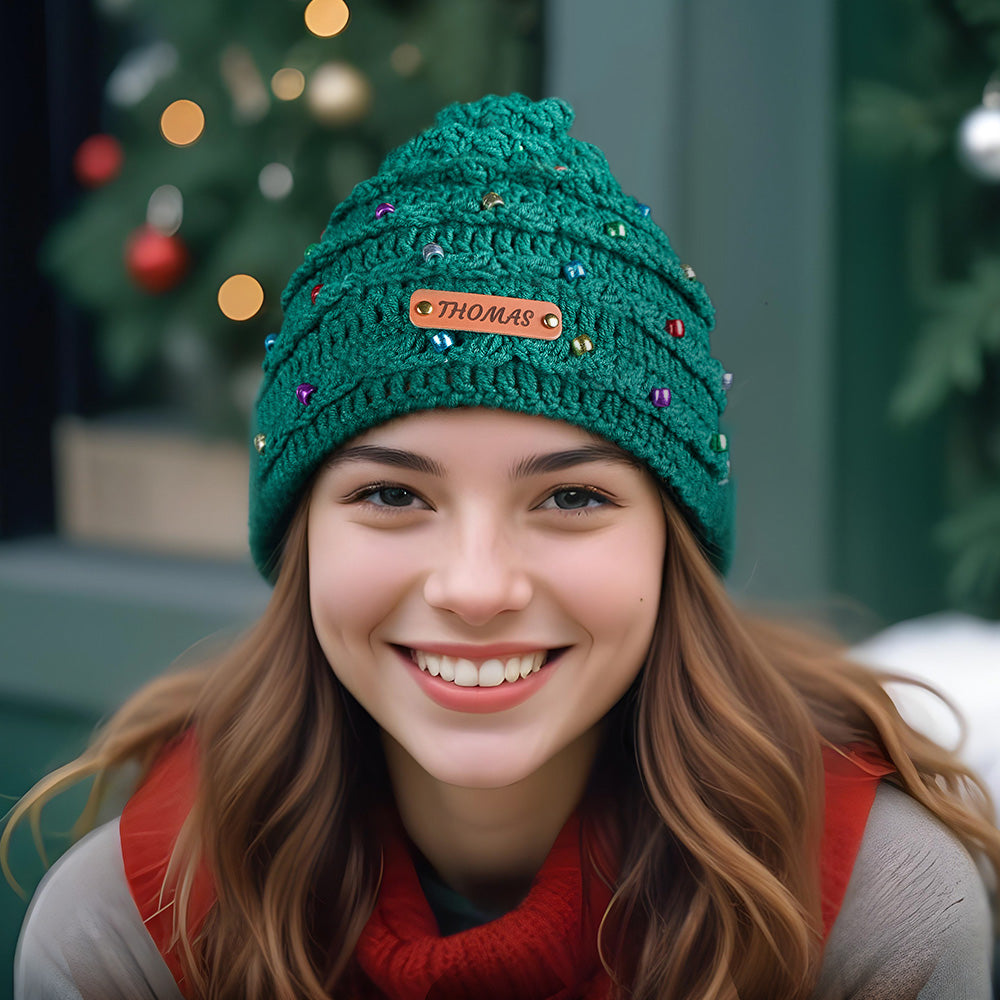 Custom Leather Patch Christmas Tree Crochet Hat Gifts for Children Christmas Gifts