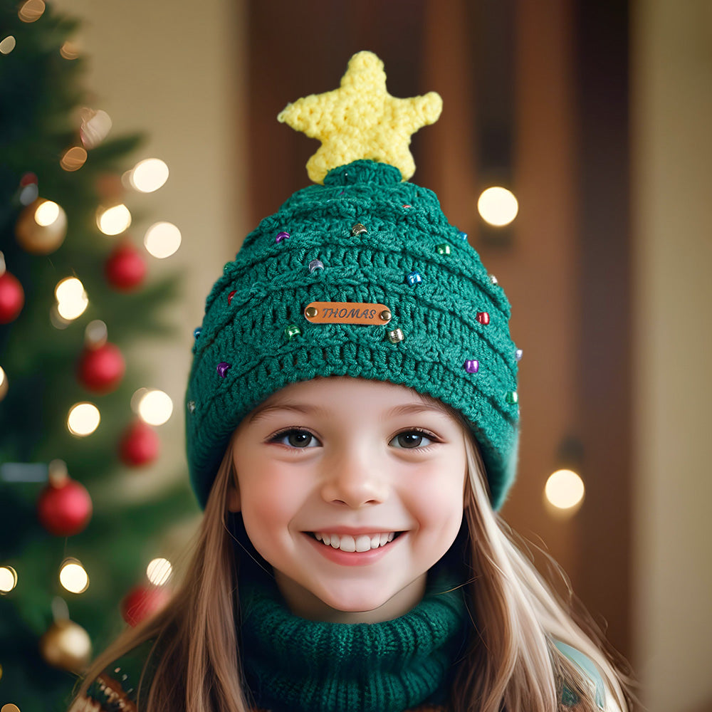 Custom Leather Patch Christmas Tree Crochet Hat Gifts for Children Christmas Gifts