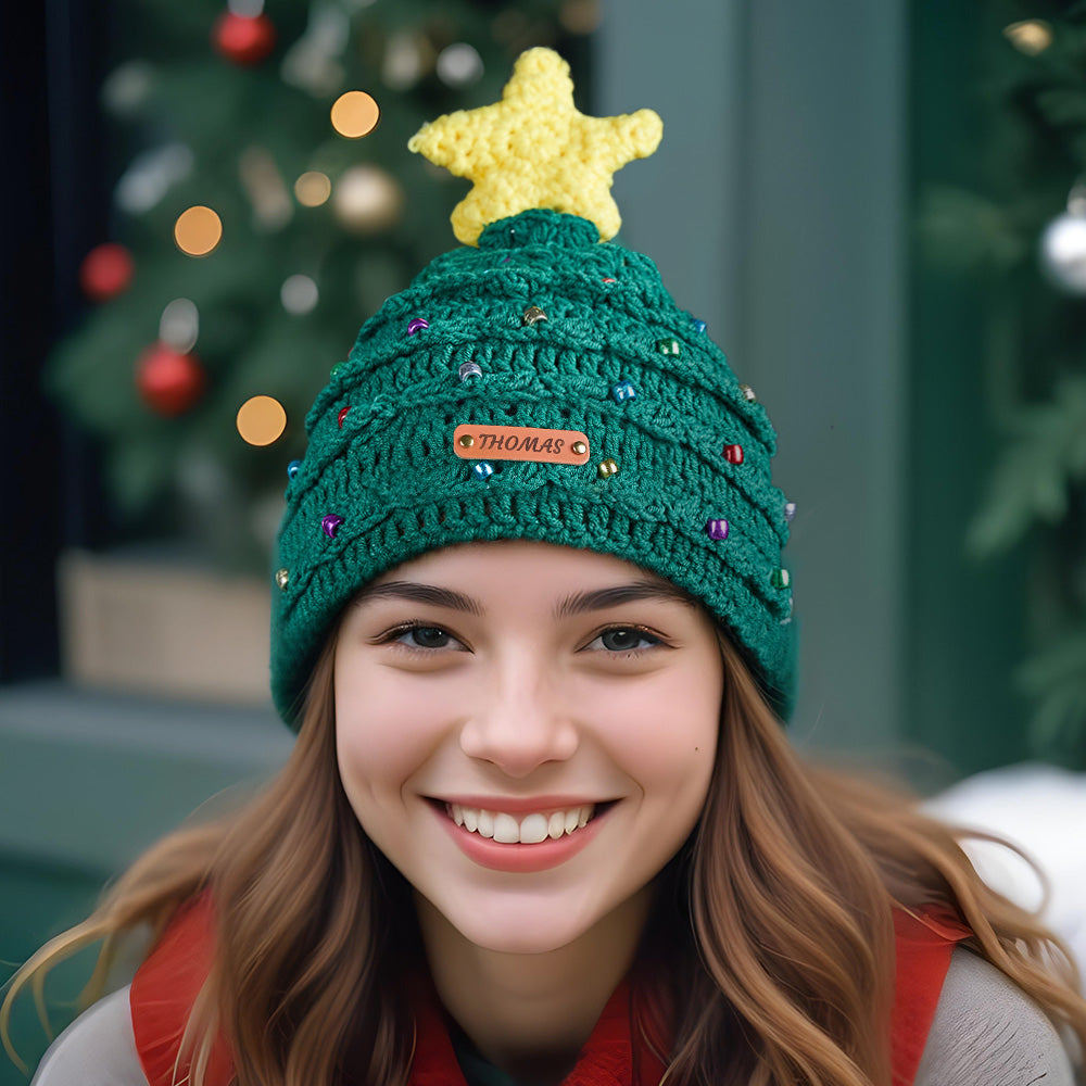 Custom Leather Patch Christmas Tree Crochet Hat Gifts for Children Christmas Gifts