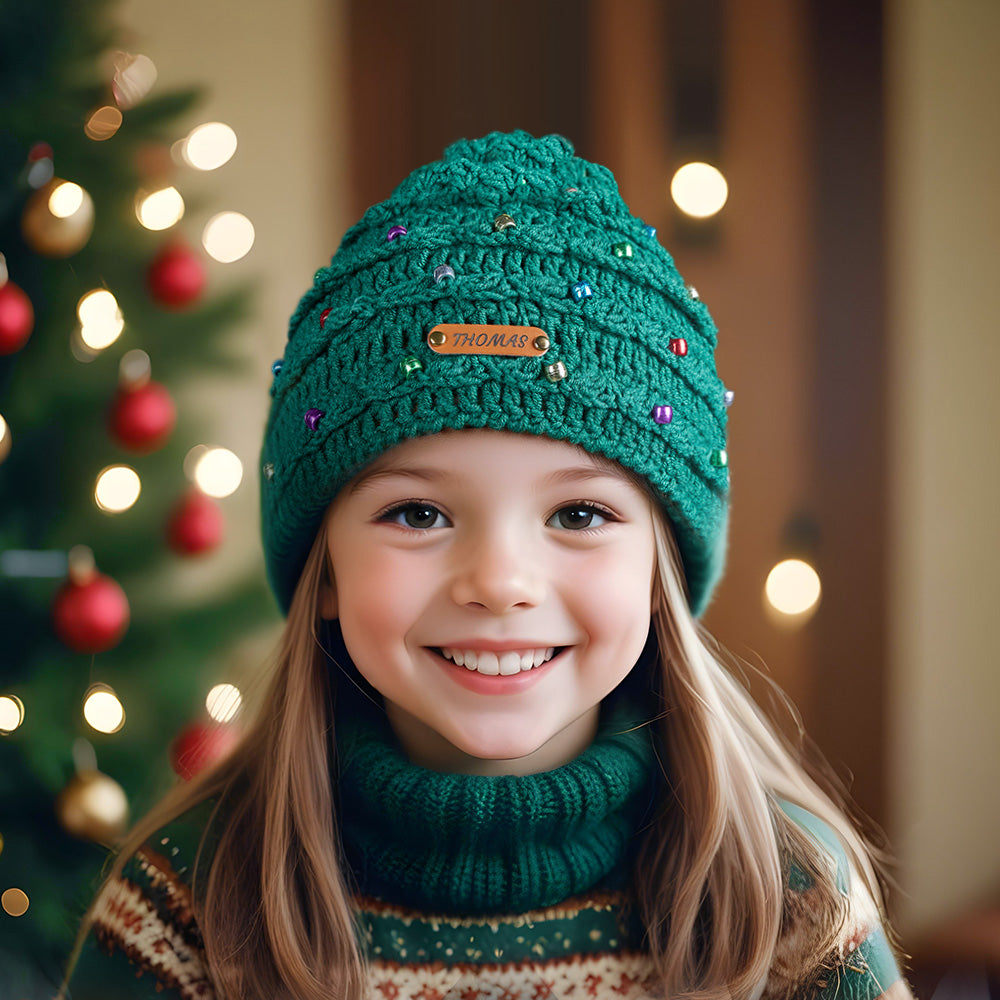 Custom Leather Patch Christmas Tree Crochet Hat Gifts for Children Christmas Gifts