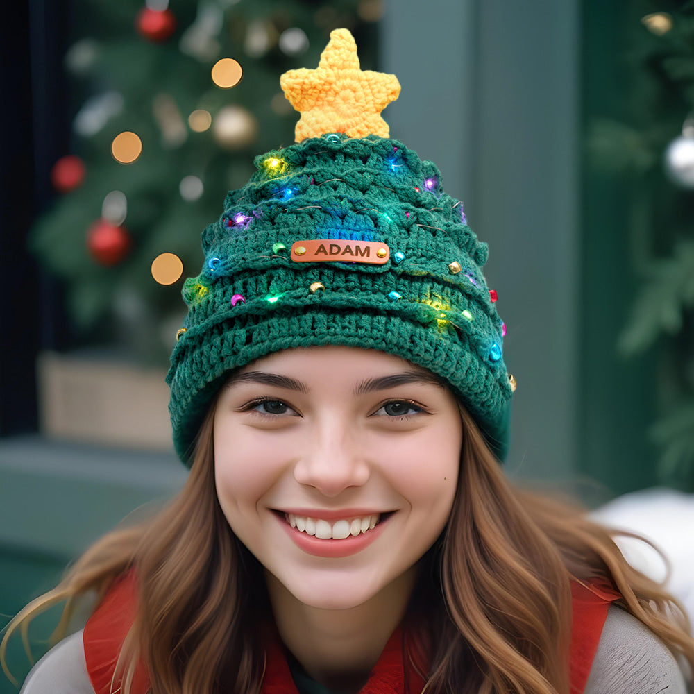 Custom Leather Patch Christmas Tree Crochet Hat Gifts for Children Christmas Gifts