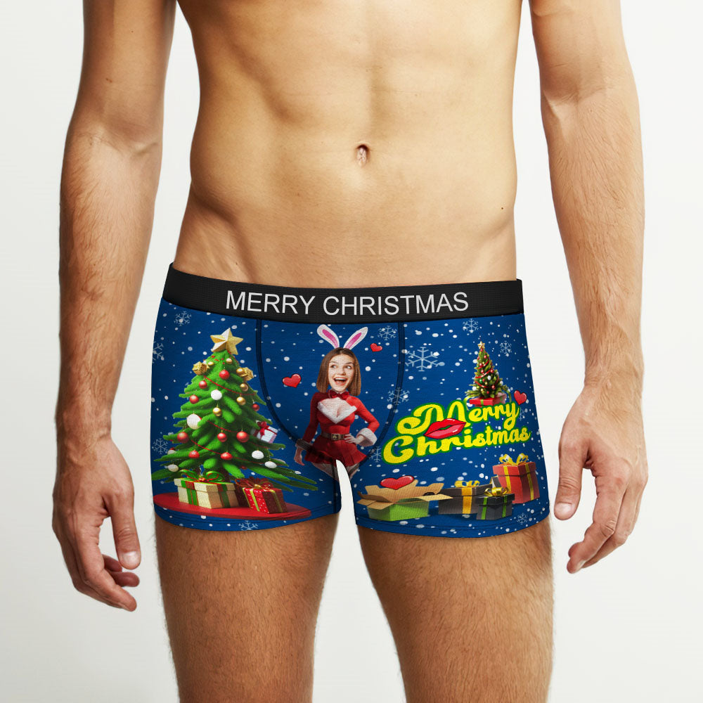 Custom Photo Boxer Santa Bunny Girl Face Underwear Couple Gifts Christmas Gift AR View