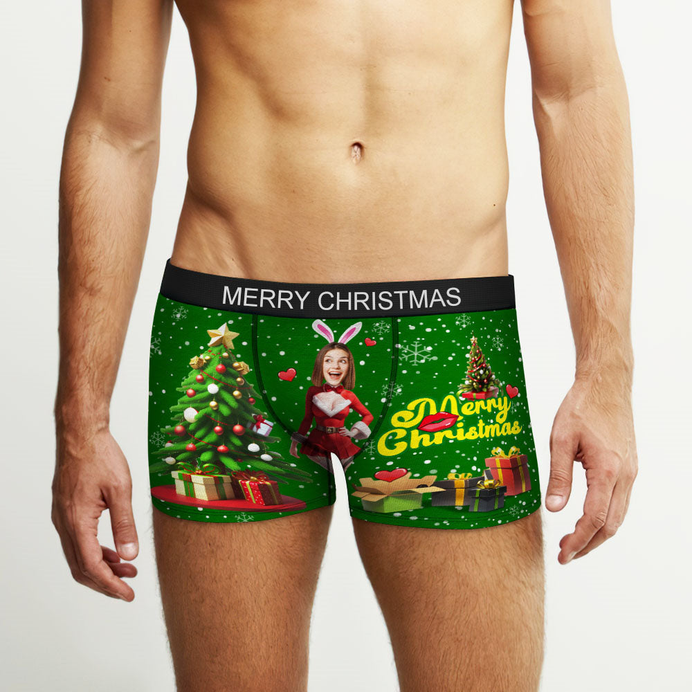 Custom Photo Boxer Santa Bunny Girl Face Underwear Couple Gifts Christmas Gift AR View