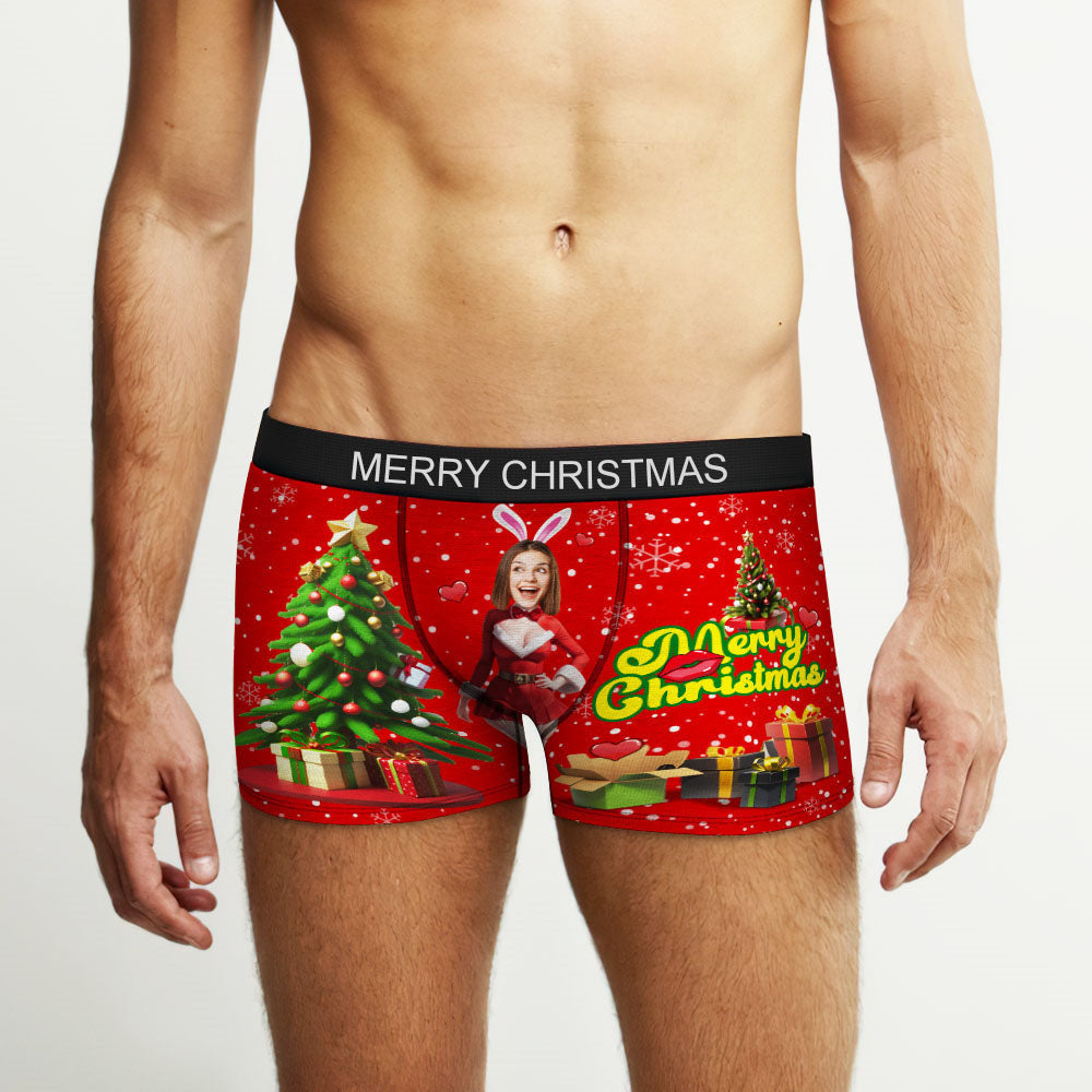 Custom Photo Boxer Santa Bunny Girl Face Underwear Couple Gifts Christmas Gift AR View