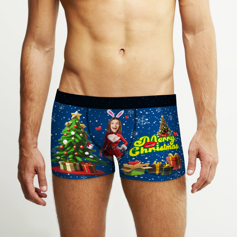 Custom Photo Boxer Santa Bunny Girl Face Underwear Couple Gifts Christmas Gift AR View