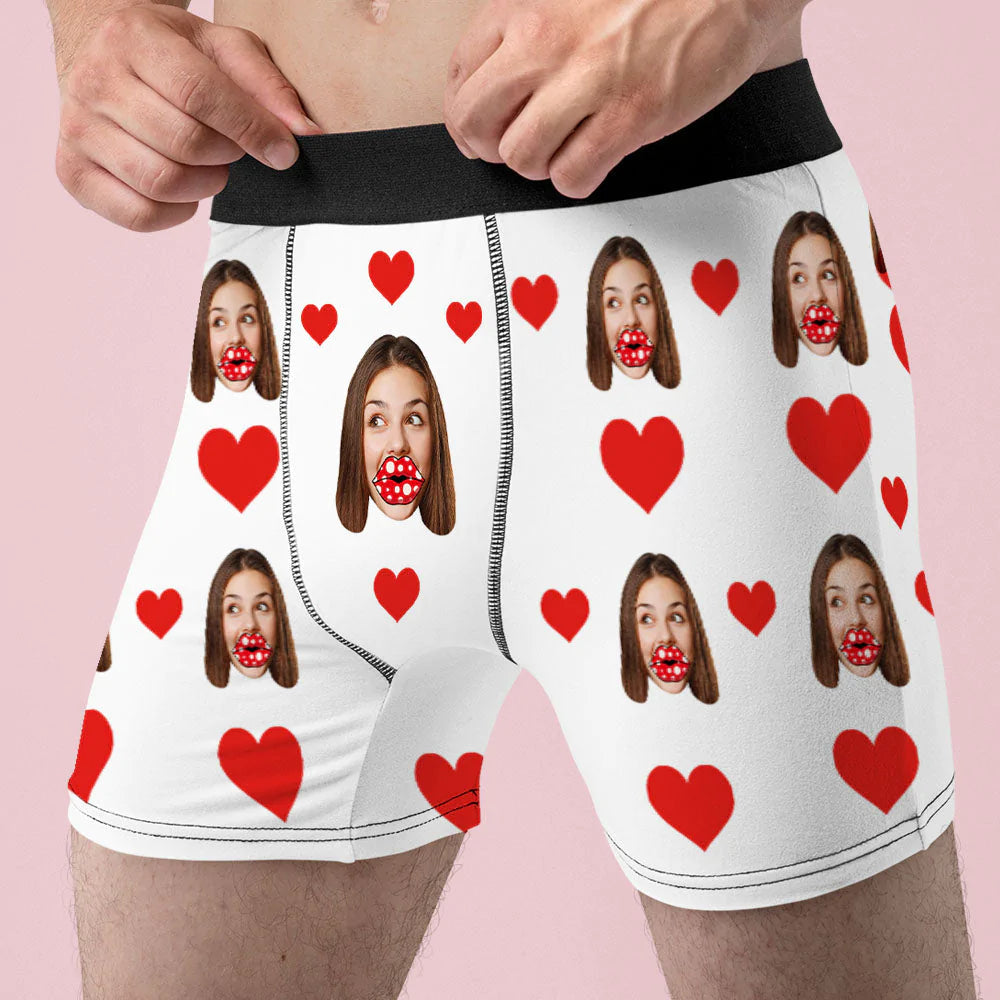 Custom Face AR View Boxers Personalized Heart and Lips Underwear Gift For Boyfriend
