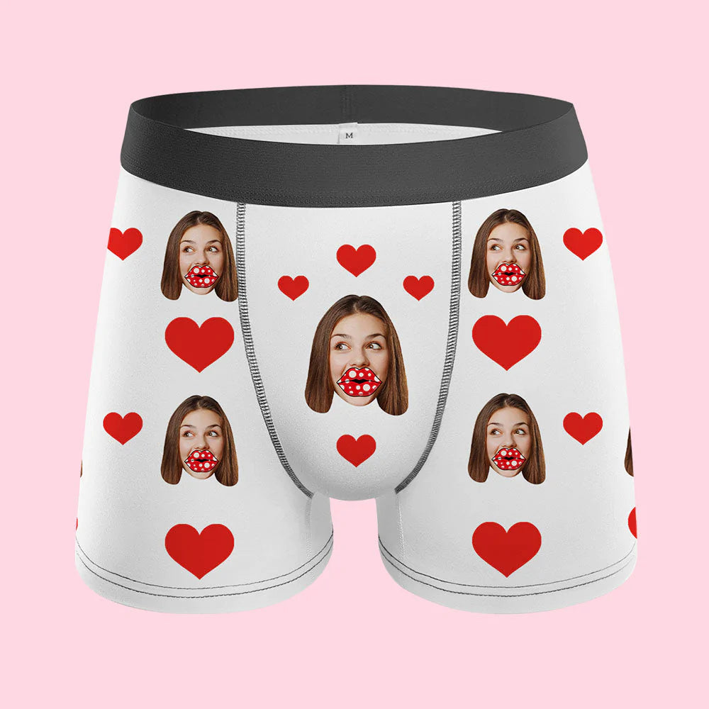 Custom Face AR View Boxers Personalized Heart and Lips Underwear Gift For Boyfriend