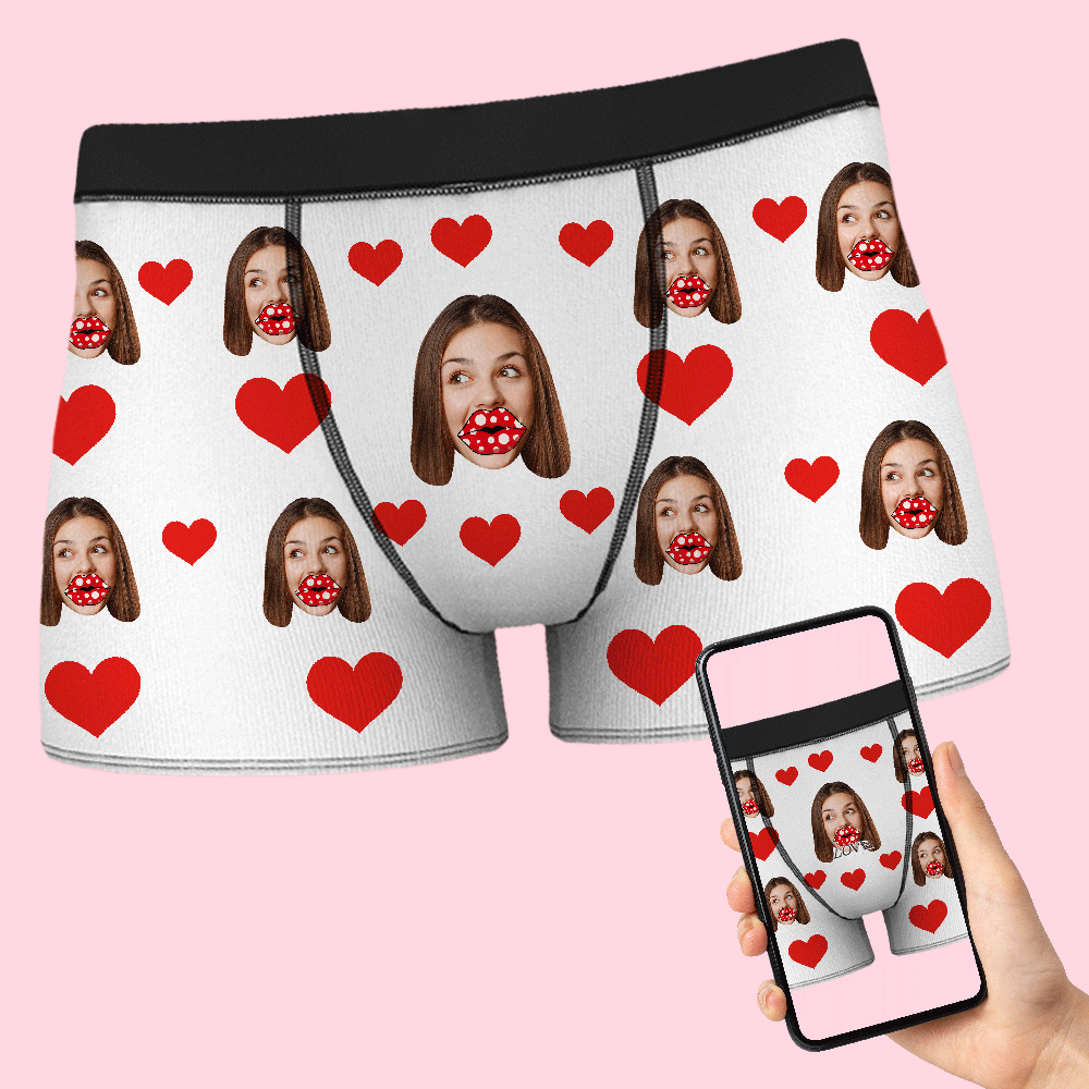 Custom Face AR View Boxers Personalized Heart and Lips Underwear Gift For Boyfriend