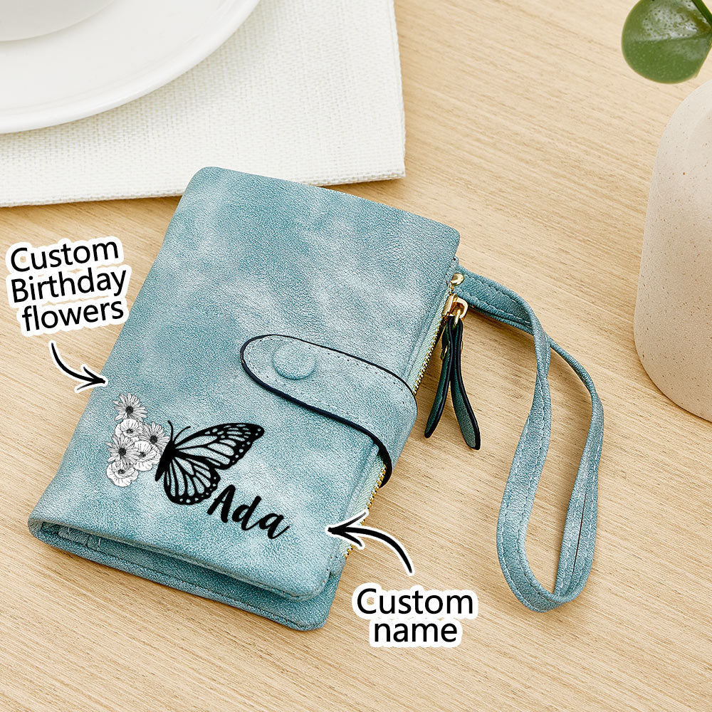Custom Tri-Fold Butterfly Birth Flower Leather Wallet with Coin Holder Personalized Mother's Day Gift for Woman