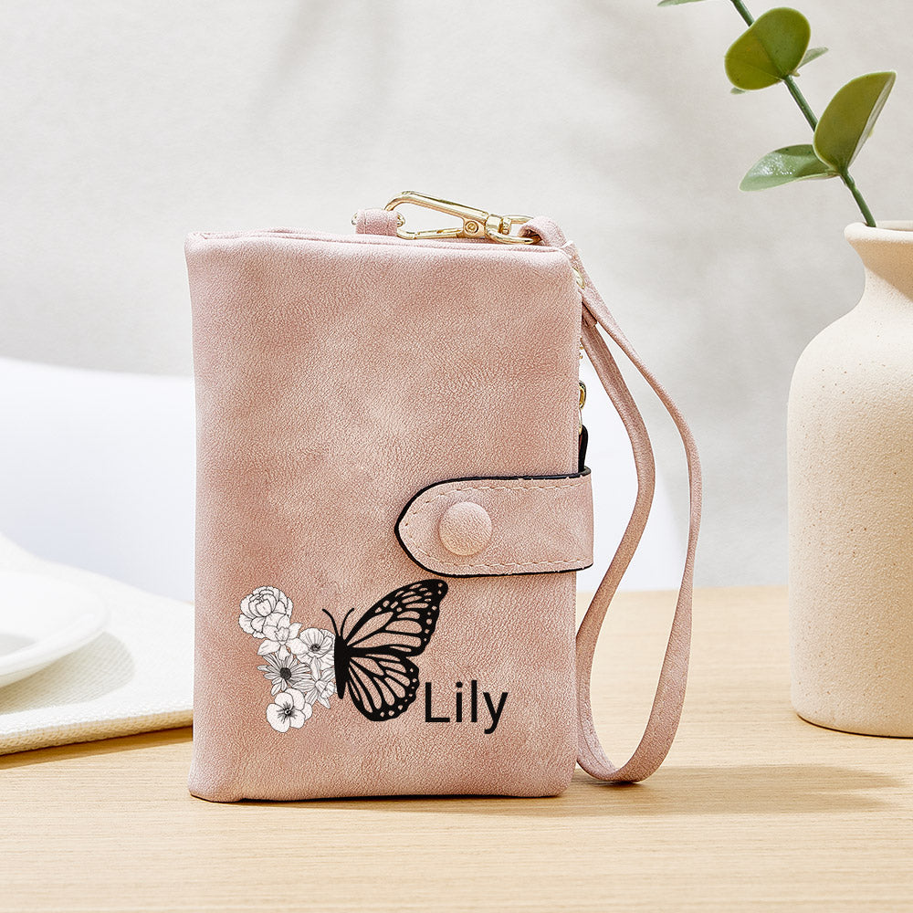 Custom Tri-Fold Butterfly Birth Flower Leather Wallet with Coin Holder Personalized Mother's Day Gift for Woman