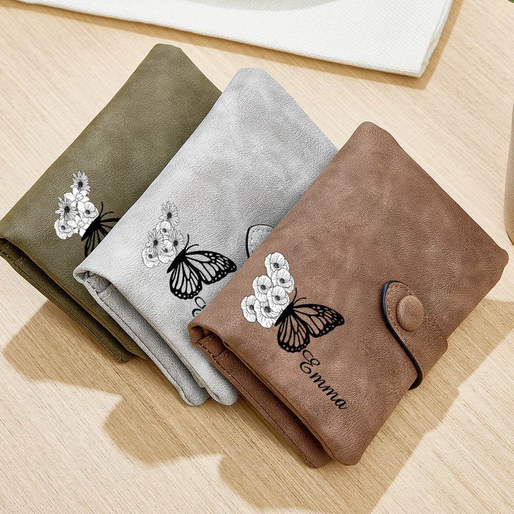 Custom Tri-Fold Butterfly Birth Flower Leather Wallet with Coin Holder Personalized Mother's Day Gift for Woman