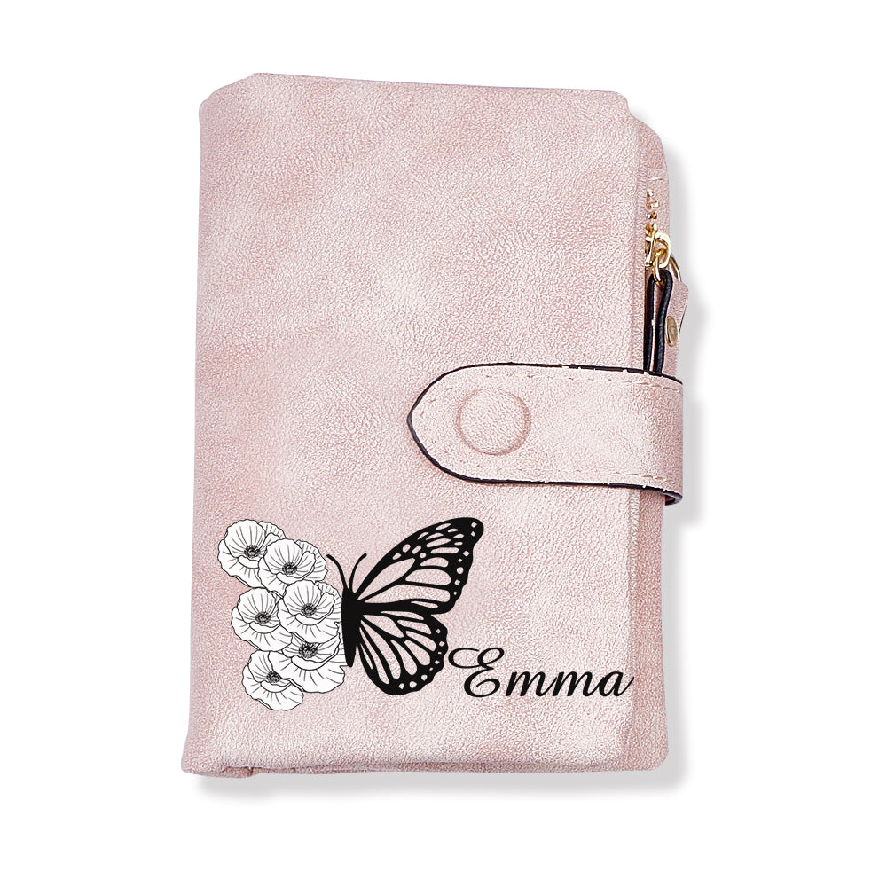 Custom Tri-Fold Butterfly Birth Flower Leather Wallet with Coin Holder Personalized Mother's Day Gift for Woman