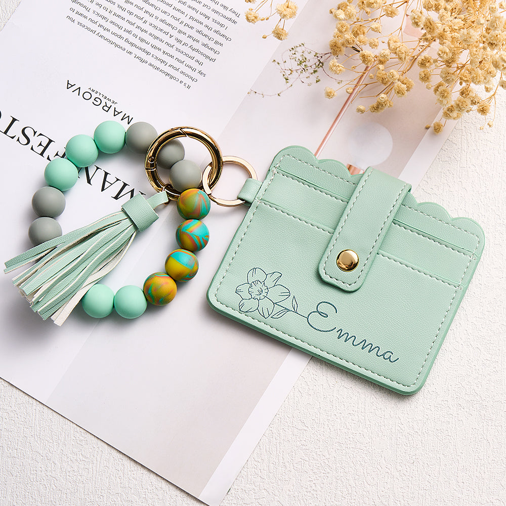 Personalized Birth Flower Leather Wallet with Beaded Bracelet Wallet Gift for Her