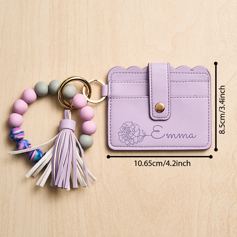 Personalized Birth Flower Leather Wallet with Beaded Bracelet Wallet Gift for Her