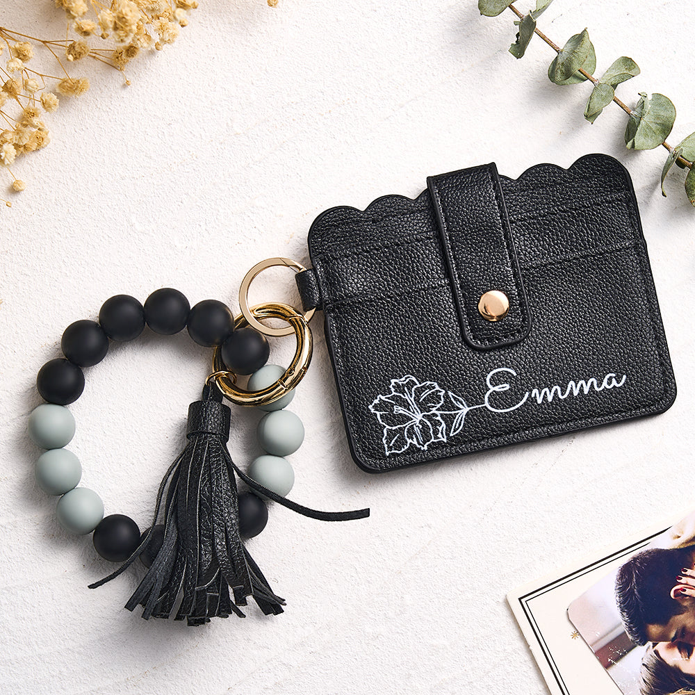 Personalized Birth Flower Leather Wallet with Beaded Bracelet Wallet Gift for Her