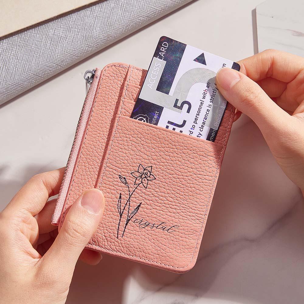 Personalized Birth Flower Leather Wallet with Name 8 Card Slots Wallet Birthday Gift for Her