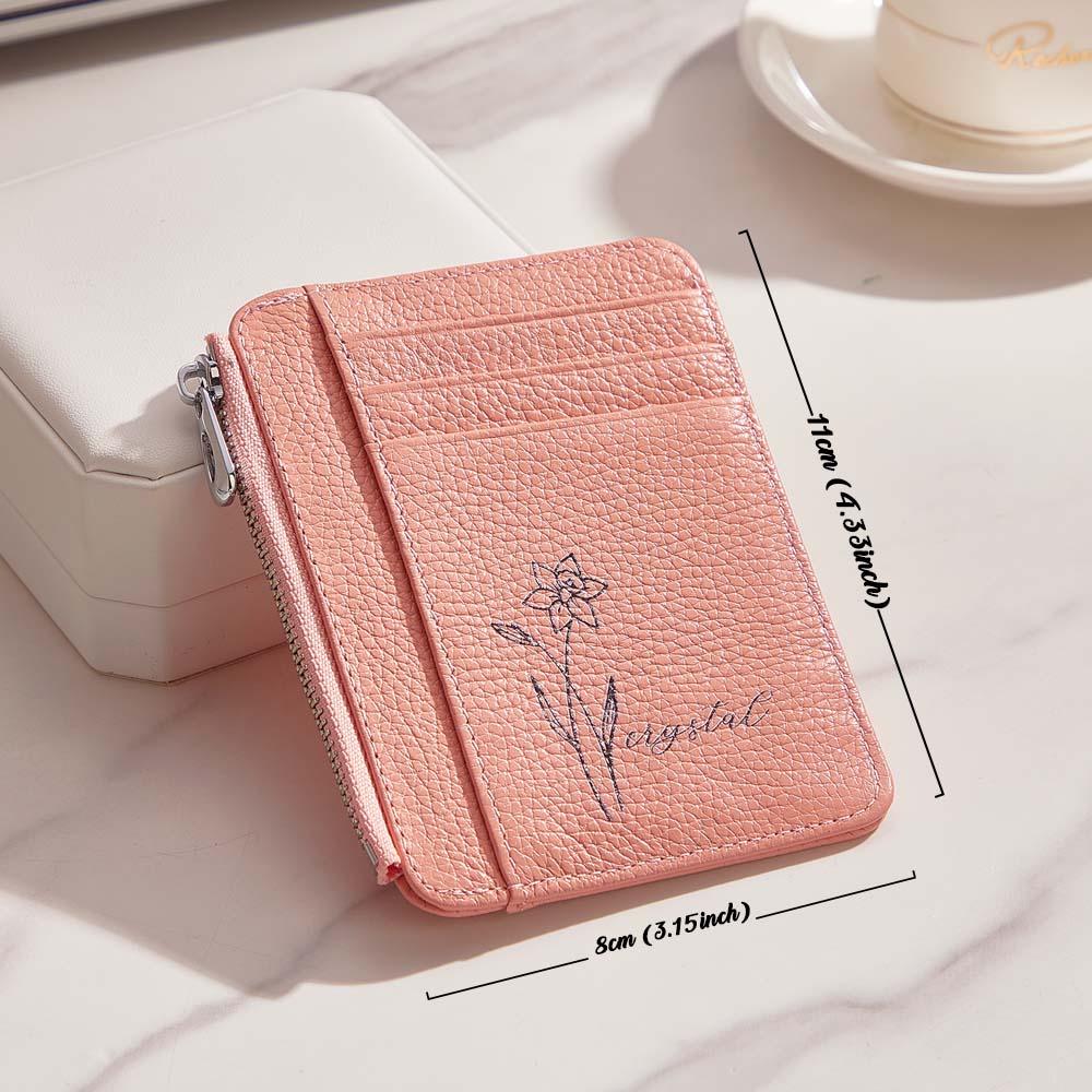 Personalized Birth Flower Leather Wallet with Name 8 Card Slots Wallet Birthday Gift for Her
