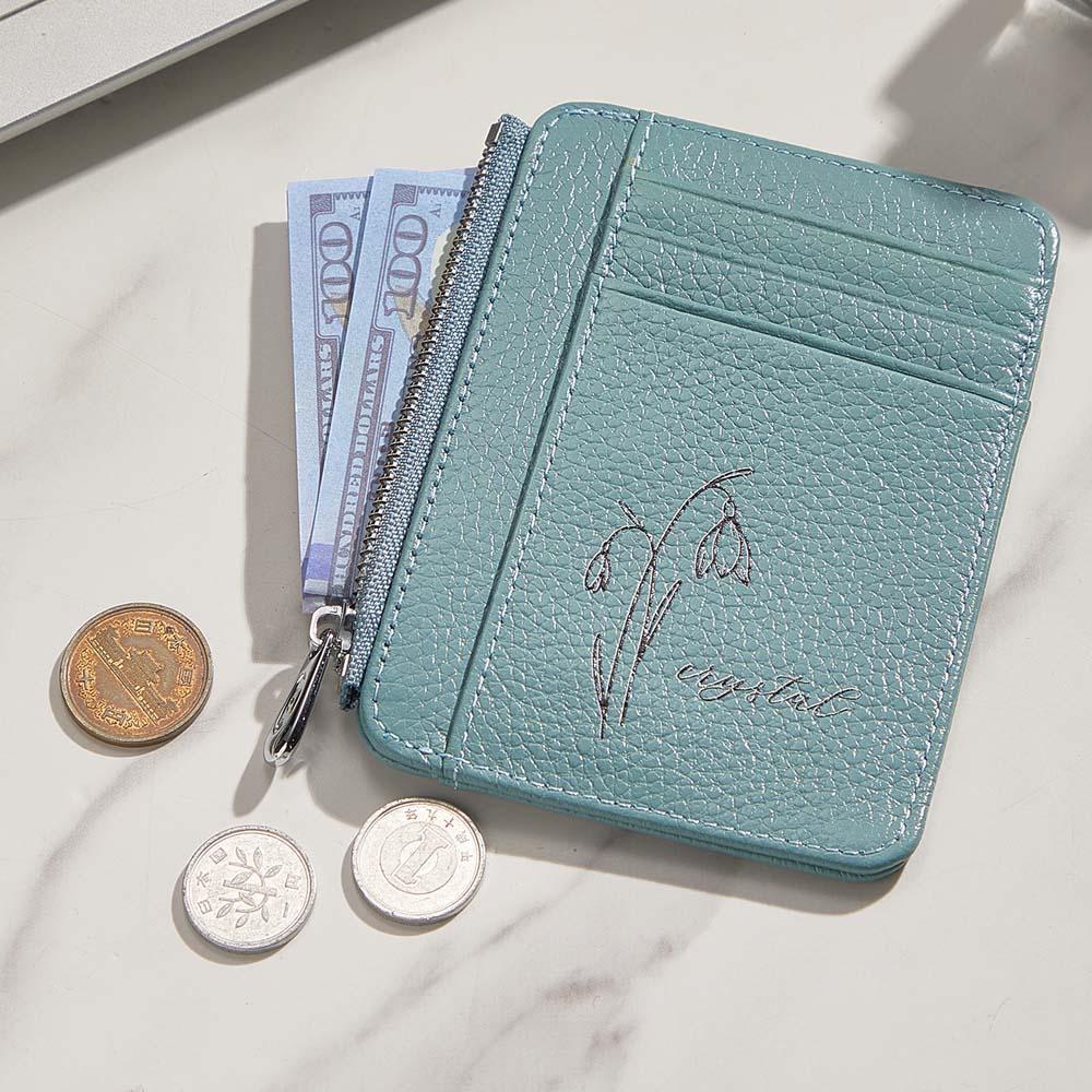 Personalized Birth Flower Leather Wallet with Name 8 Card Slots Wallet Birthday Gift for Her