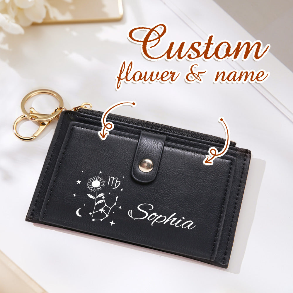 Personalized Zodiac Birth Flower Leather Wallet Birthday Anniversary Gift for Her