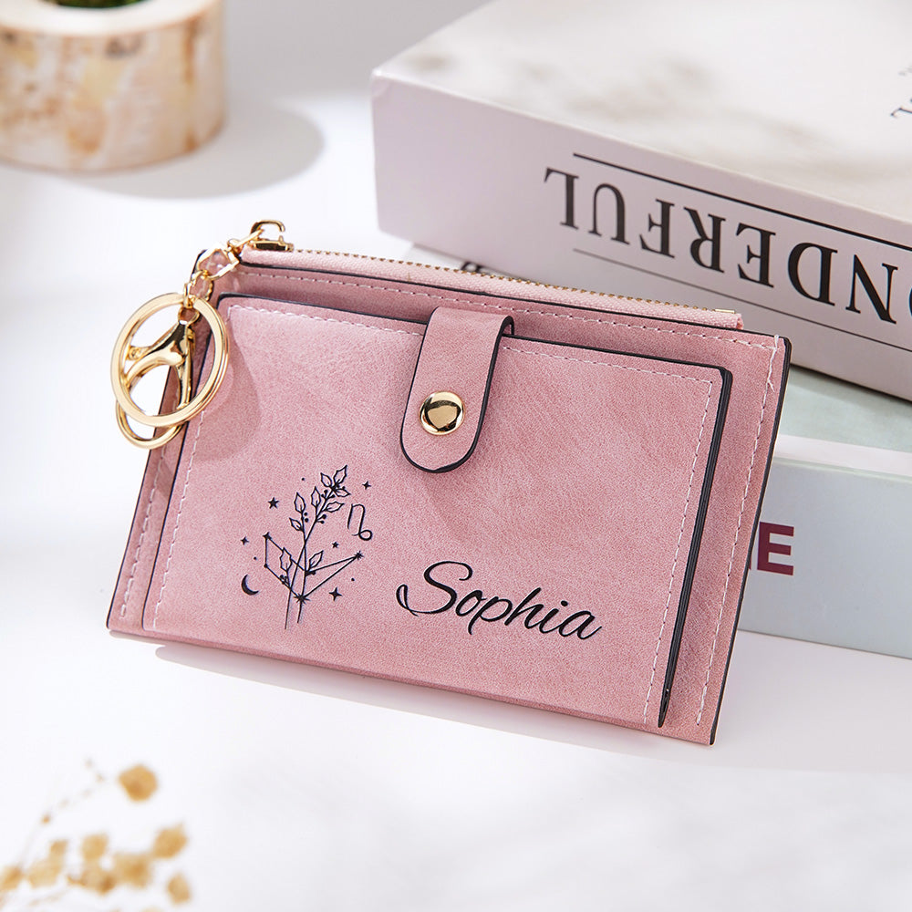 Personalized Zodiac Birth Flower Leather Wallet Birthday Anniversary Gift for Her