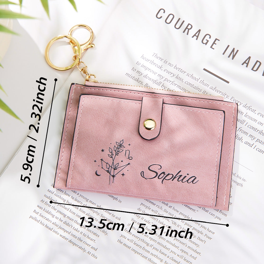 Personalized Zodiac Birth Flower Leather Wallet Birthday Anniversary Gift for Her