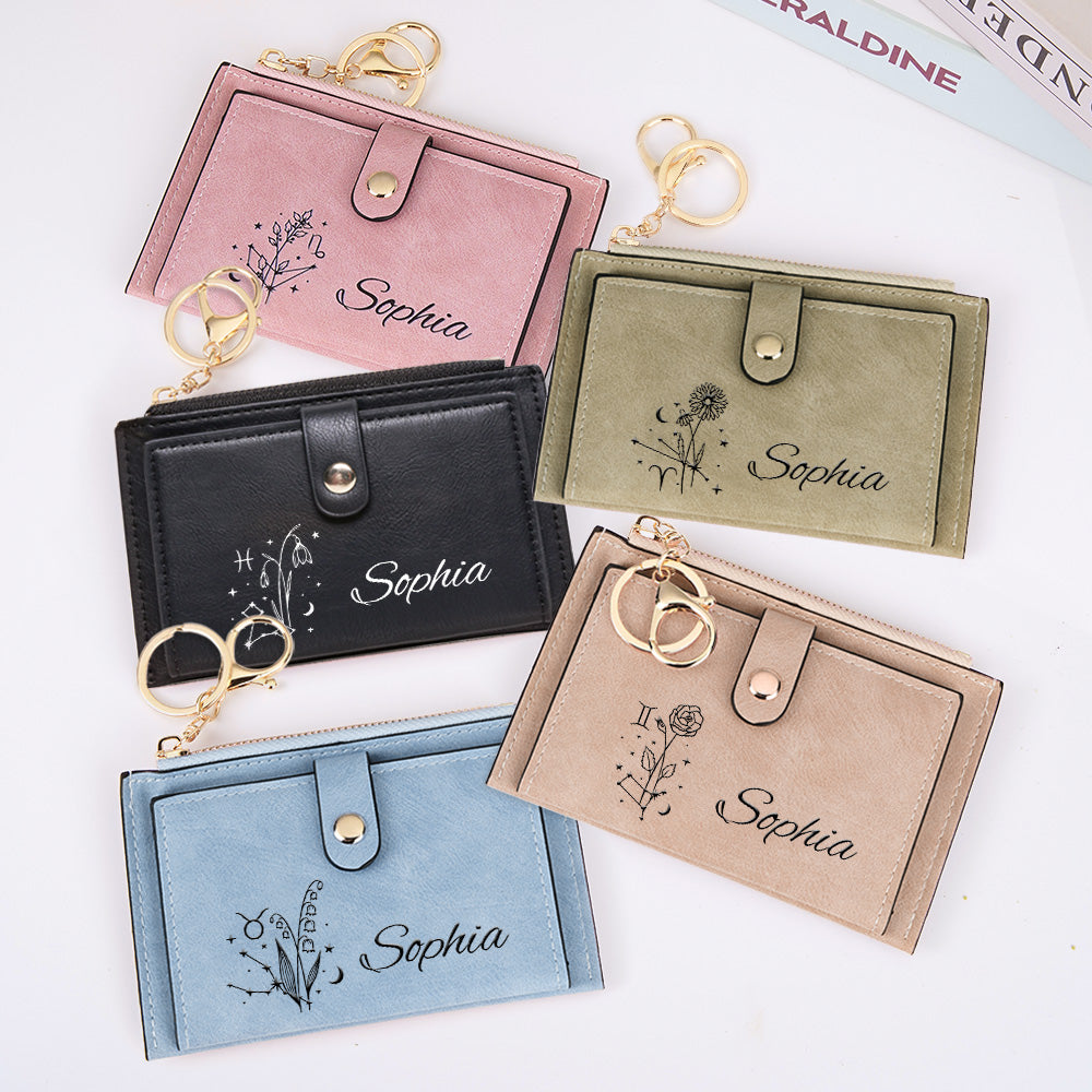 Personalized Zodiac Birth Flower Leather Wallet Birthday Anniversary Gift for Her
