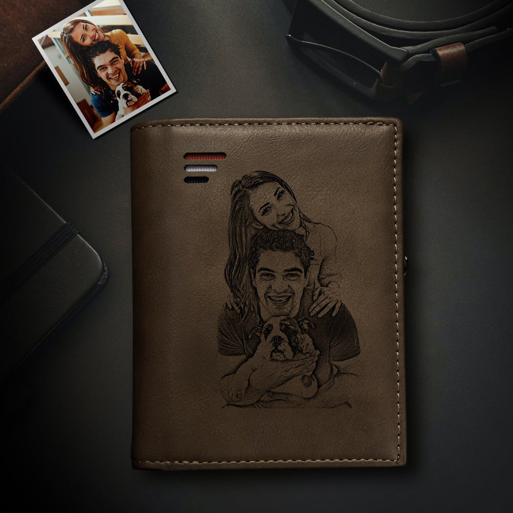 Custom Photo Engraved Vertical Wallet RFID Blocking Wallet with Zipper Coin Pouch Father's Day Gift
