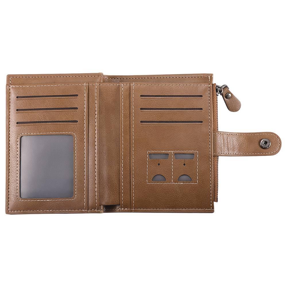 Men's Short Style Custom Inscription Photo Engraved Wallet with Cross Pattern - Brown Leather