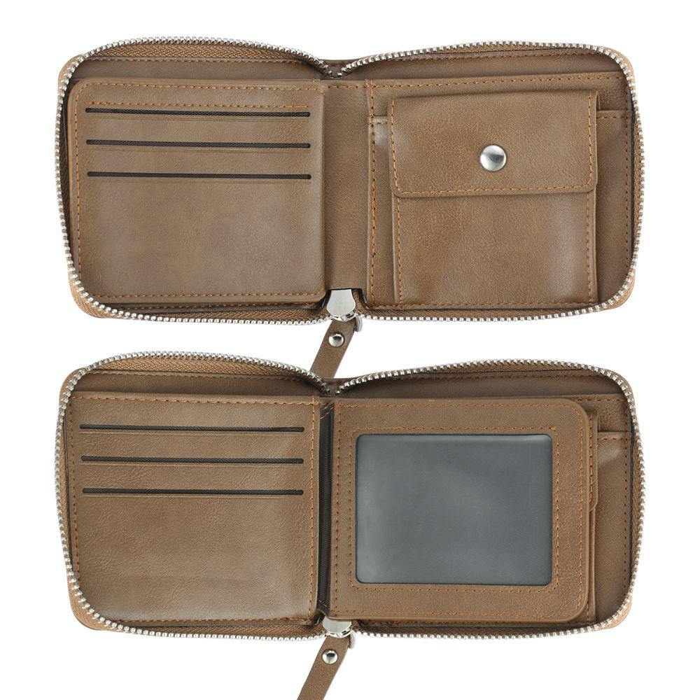 Custom Inscription Photo Engraved Wallet with Zipper, Short Style - Brown Leather