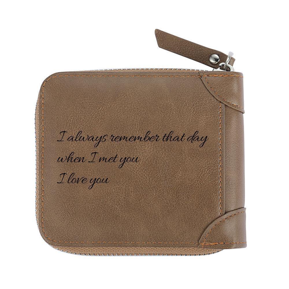Custom Inscription Photo Engraved Wallet with Zipper, Short Style - Brown Leather