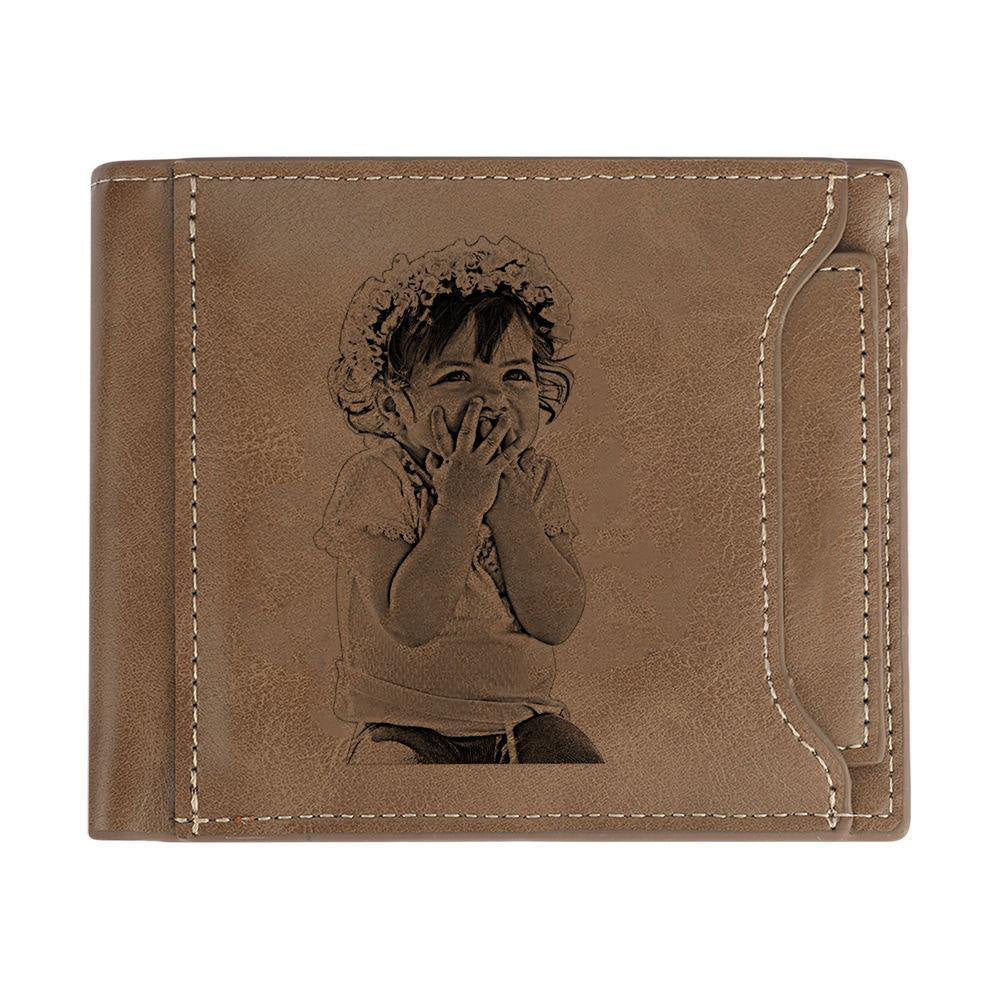 Custom Photo Engraved Wallet Short Style Bifold - Brown Leather