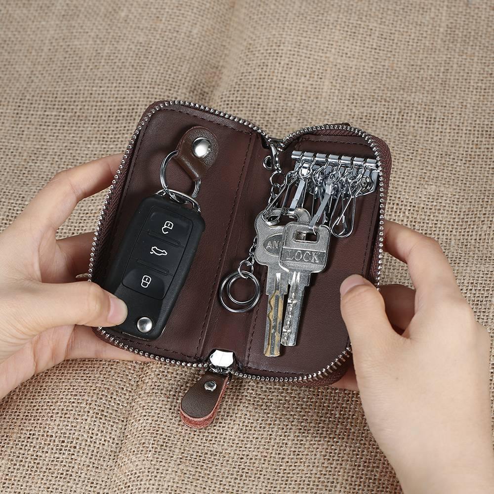 Photo Engraved Key Wallet, Leather Key Case Brown