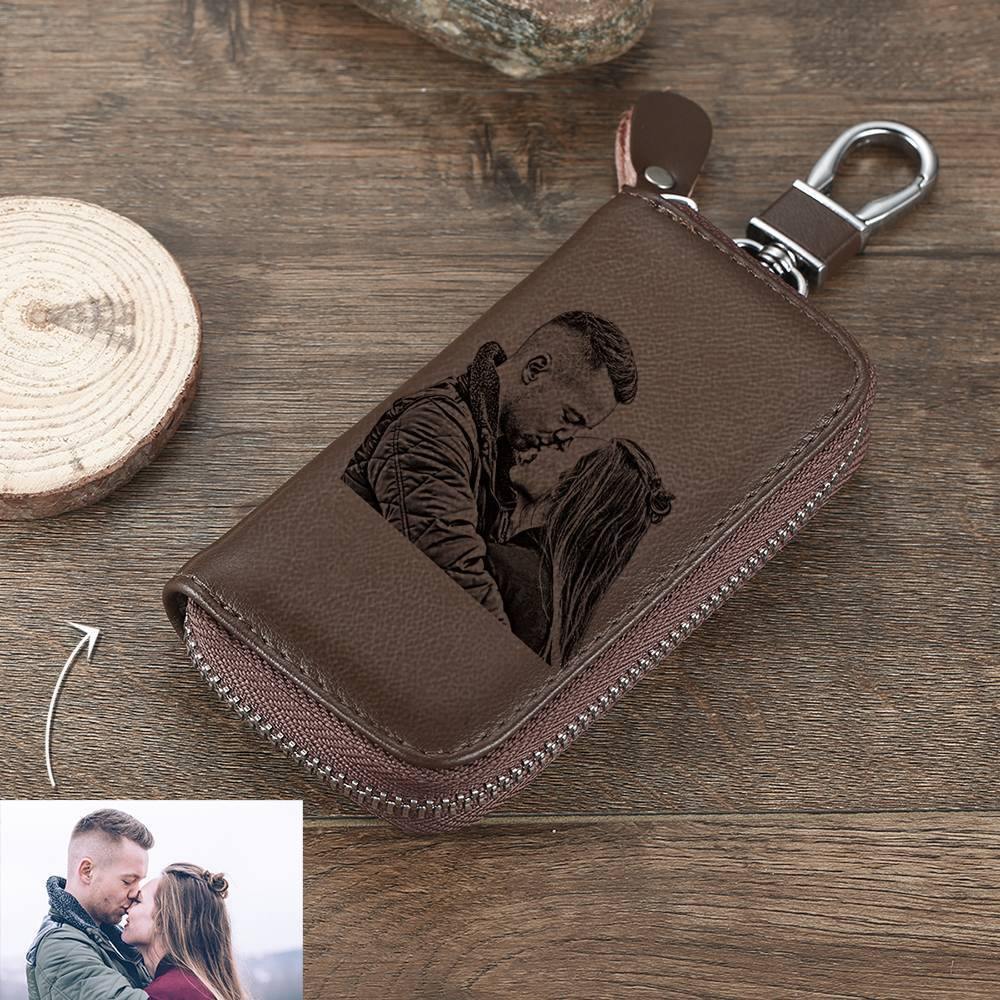 Photo Engraved Key Wallet, Leather Key Case Brown