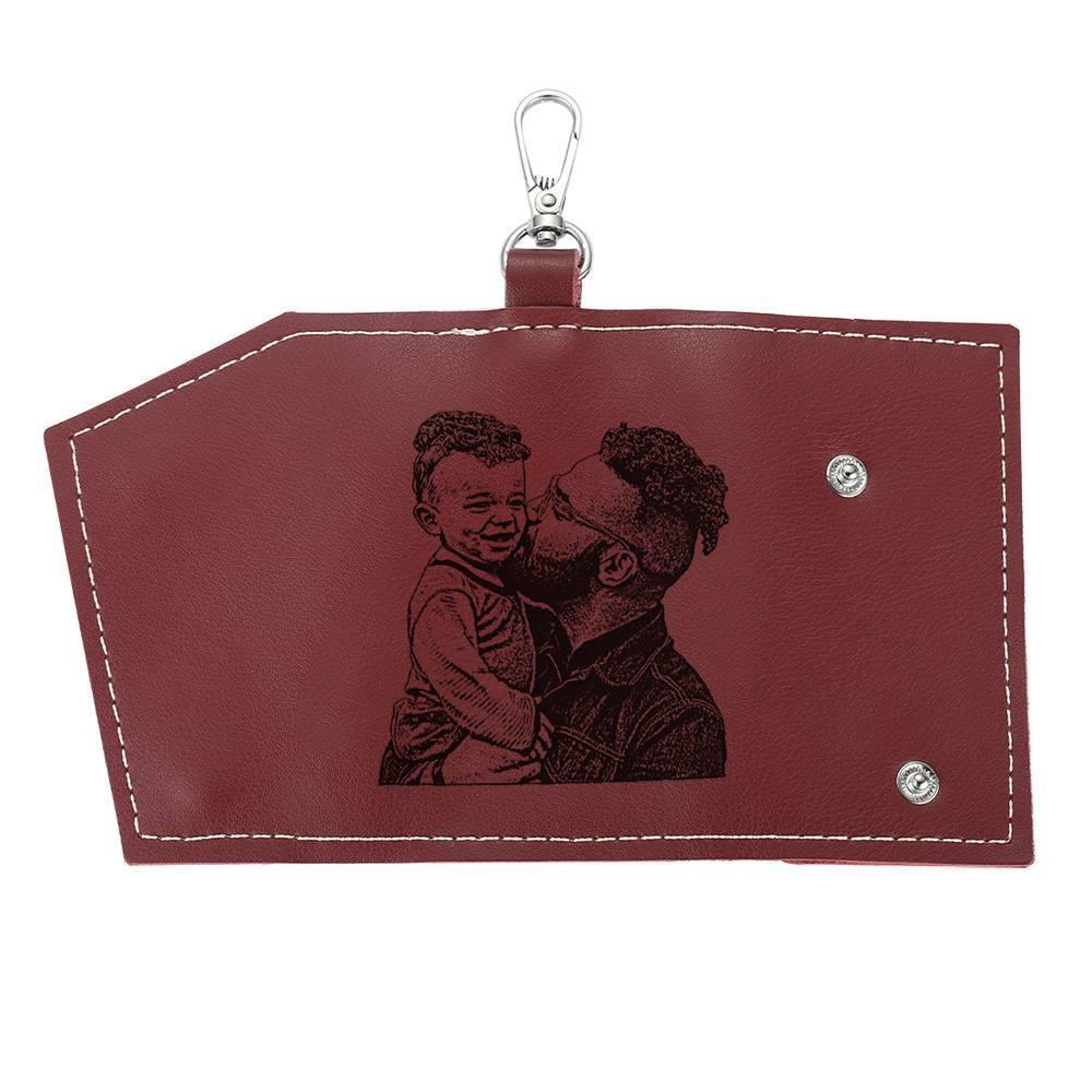 Photo Leather Key Case, Key Holder Wallet Dark Red