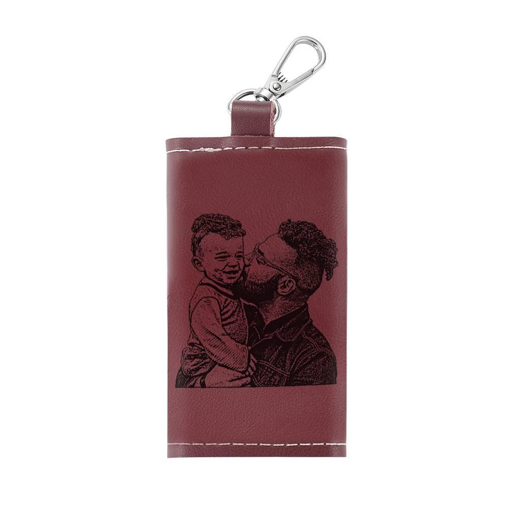 Photo Leather Key Case, Key Holder Wallet Dark Red